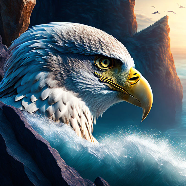 Detailed Eagle Head Against Rocky Cliffs and Waves