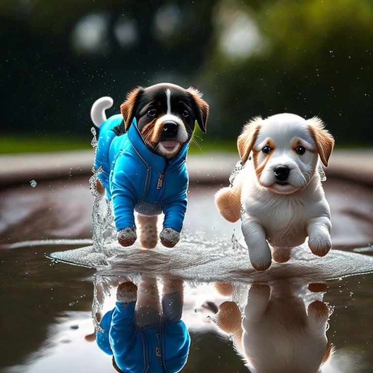 Two cute puppies in blue jacket running on wet surface