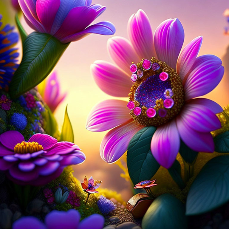 Colorful Fantasy Garden Artwork with Flowers and Dewdrops