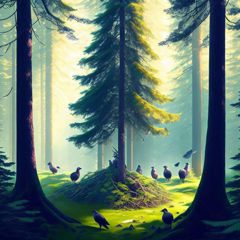 Tranquil forest landscape with misty light, tall trees, and birds around lush greenery