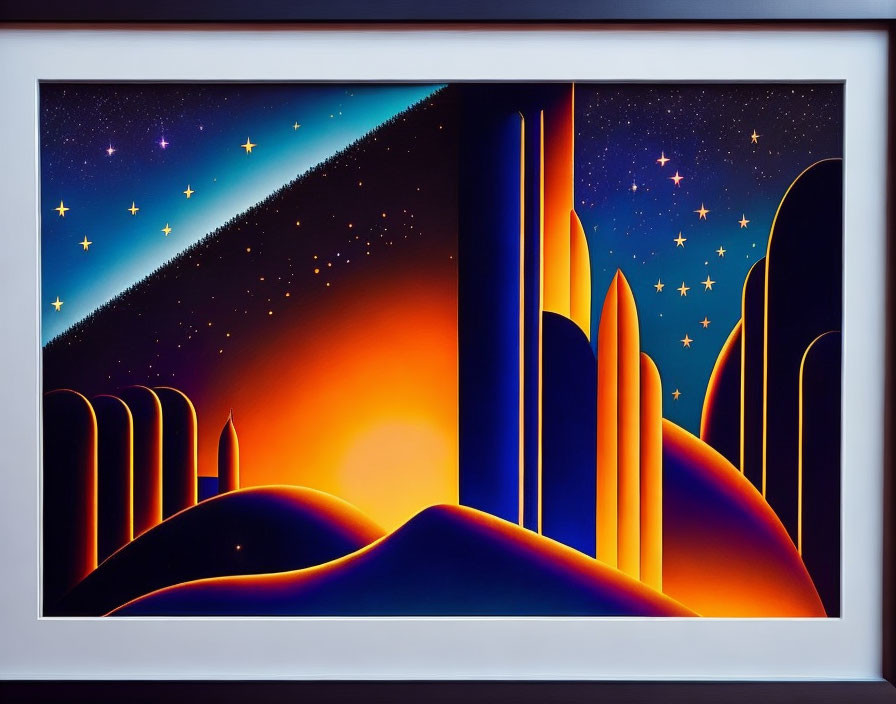 Framed digital artwork of vibrant stylized landscape