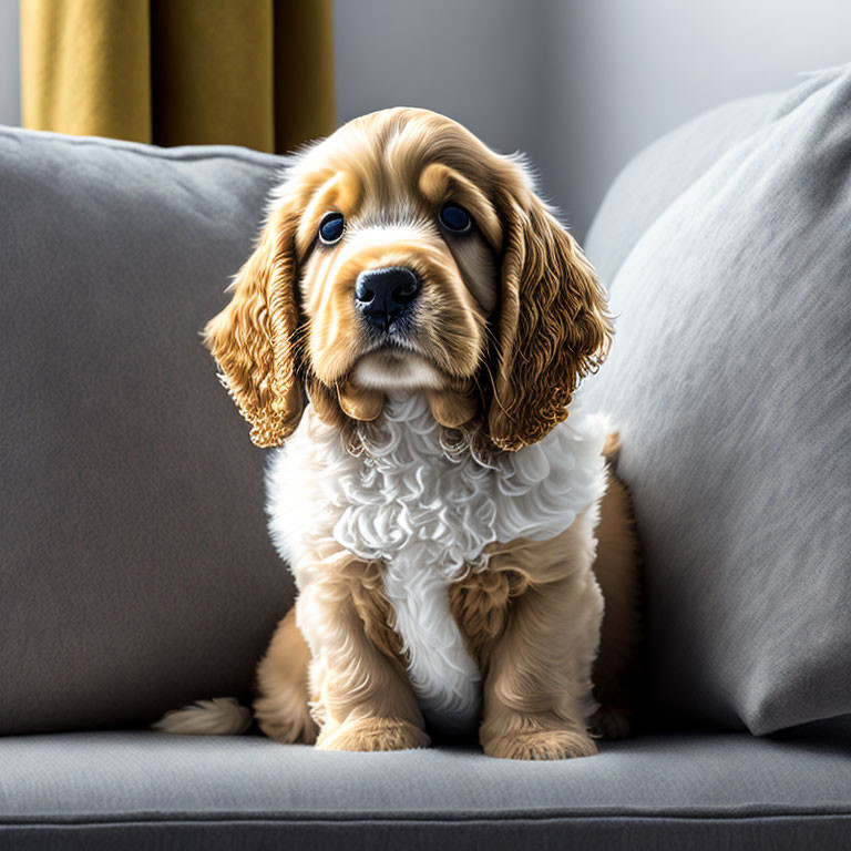 Brown and White Puppy with Floppy Ears on Sofa with Golden Curtain