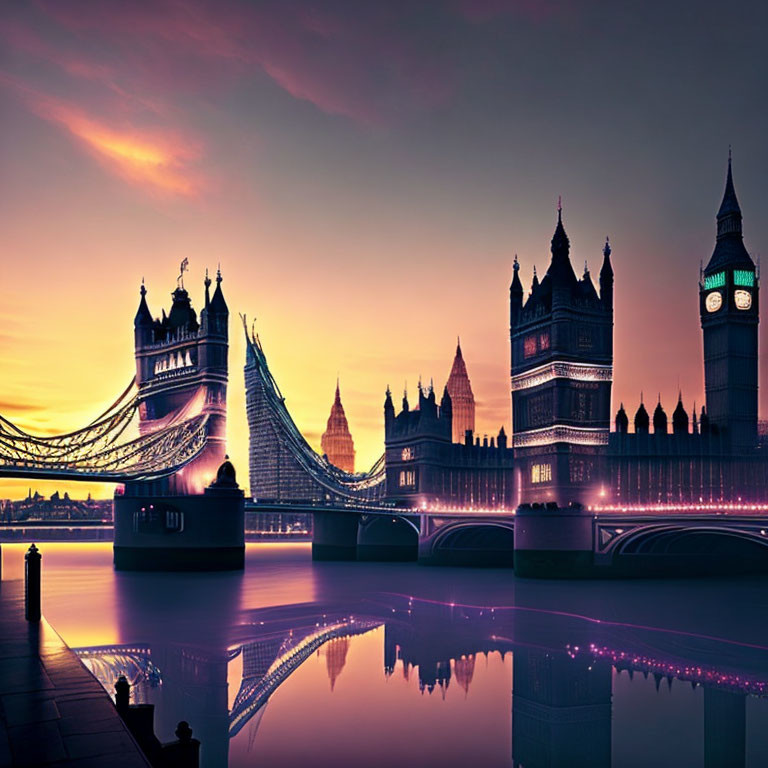 Iconic London landmarks at sunset with vibrant colors over river