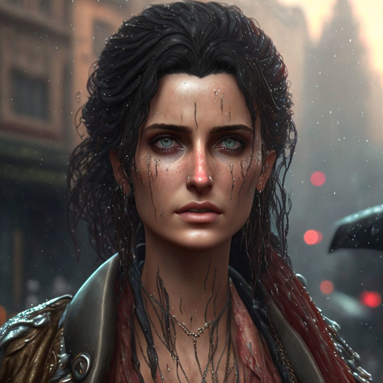 Portrait of woman with dark, wet hair and piercing blue eyes in leather jacket against urban backdrop