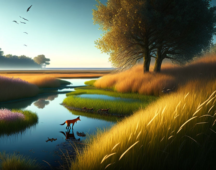 Tranquil landscape with fox, water, trees, grass, flowers, and birds at golden hour