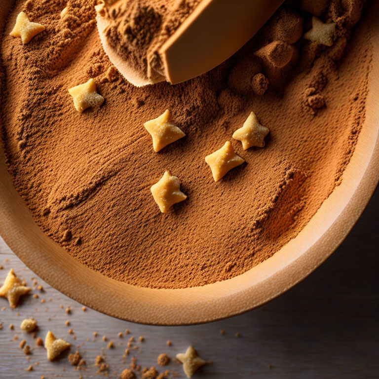 Chocolate cake with cocoa powder and star-shaped chocolates on wooden surface