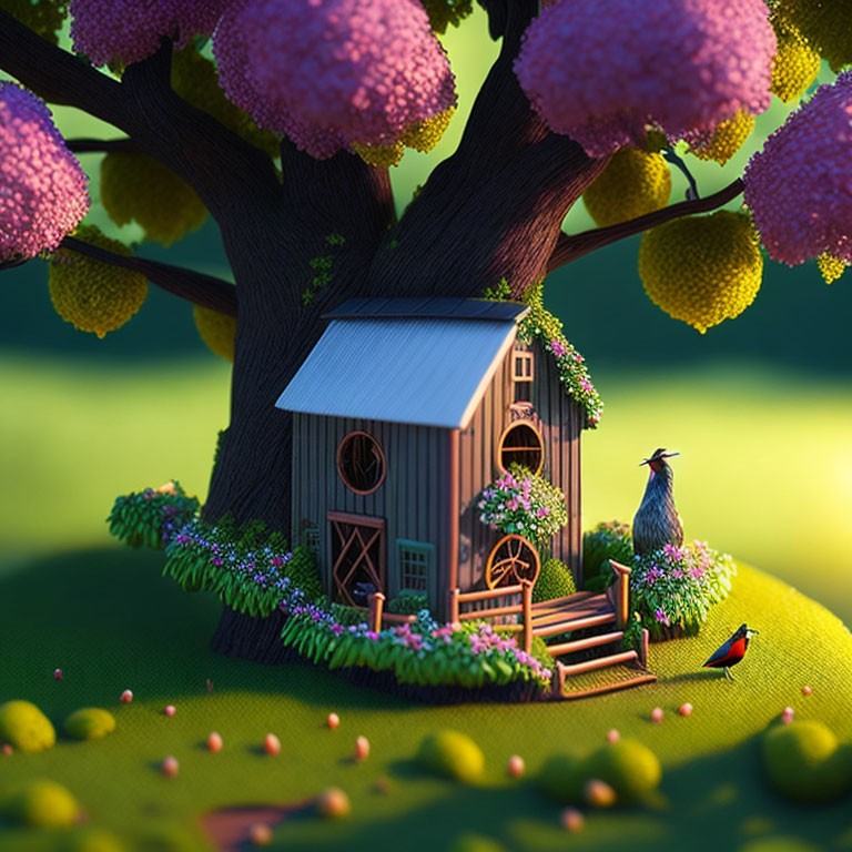 Miniature treehouse with bluebird and vibrant flowers under purple blossom canopy