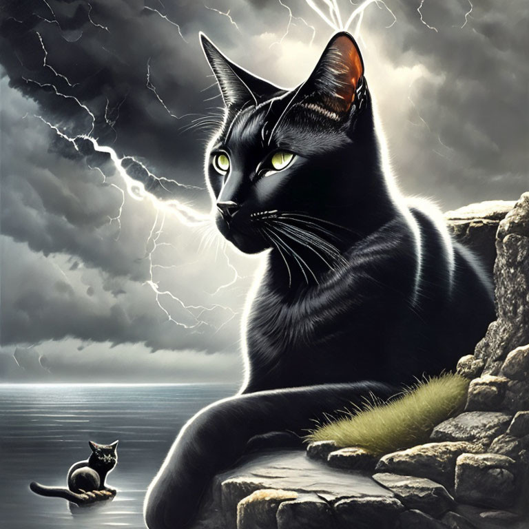 Black Cat with Green Eyes Overlooking Sea with Kitten in Stormy Sky