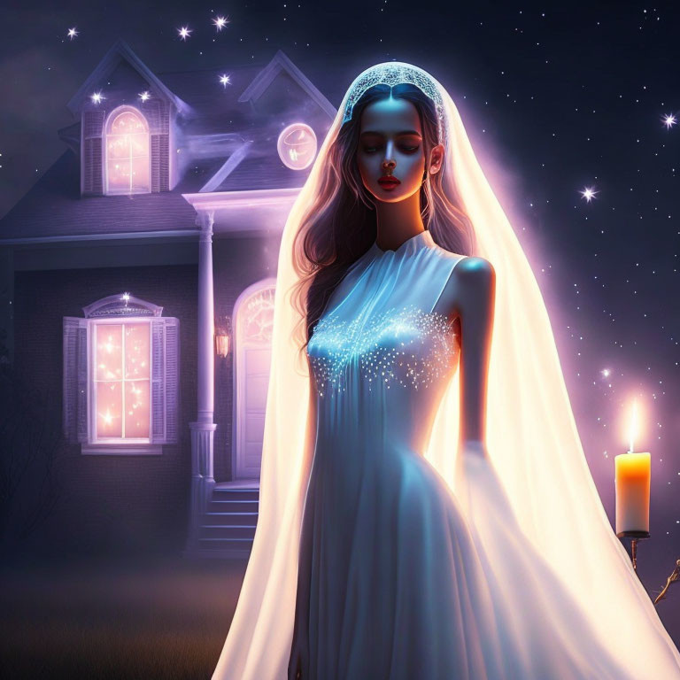 Luminescent woman in ethereal dress under starry night sky