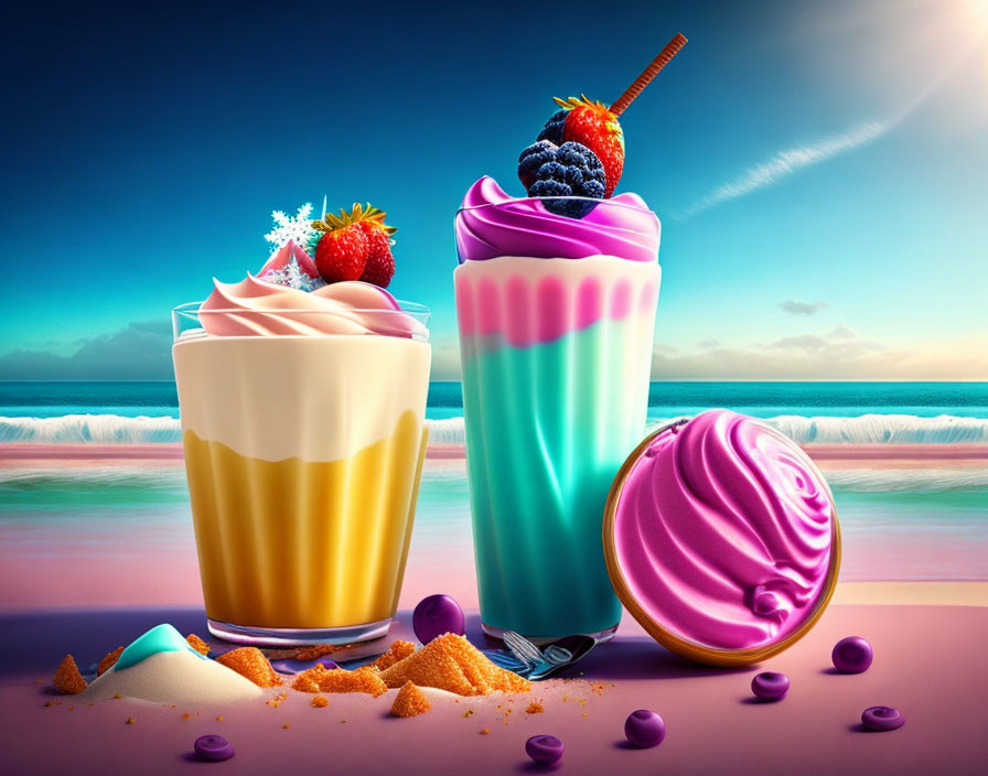 Vibrant milkshakes, macaron, candies, and cookies on beach backdrop