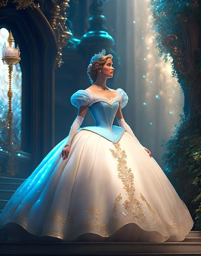 Animated princess in blue & white ball gown in ornate hallway.