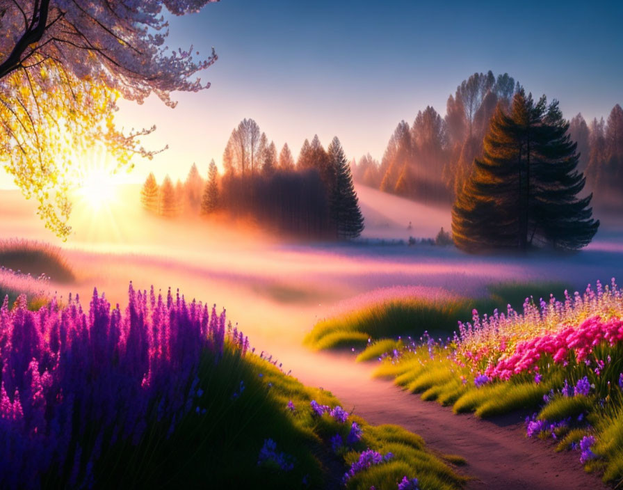 Vibrant purple flowers, misty fields, and radiant sunbeams at sunrise