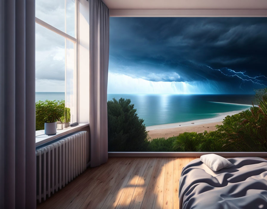 Bedroom with large window overlooking stormy beach view