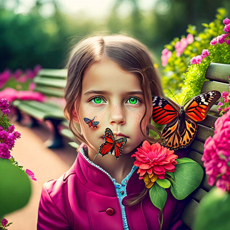 Young girl with green eyes and freckles in vibrant garden scene