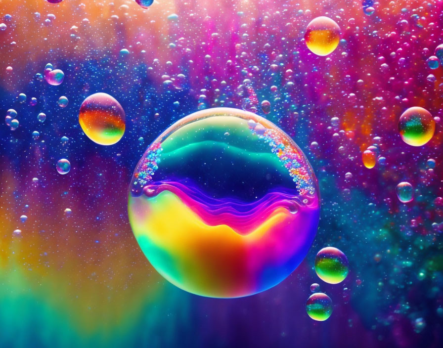 Multicolored bubbles with radiant hues and swirling patterns on glistening droplets.