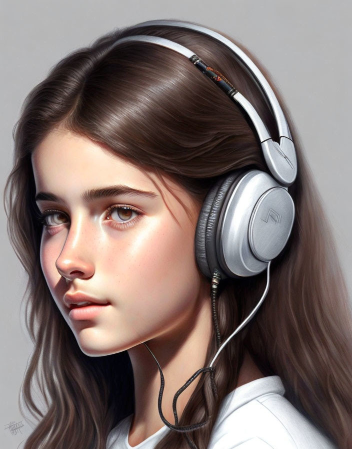 Realistic digital portrait of young woman with brown hair in over-ear headphones