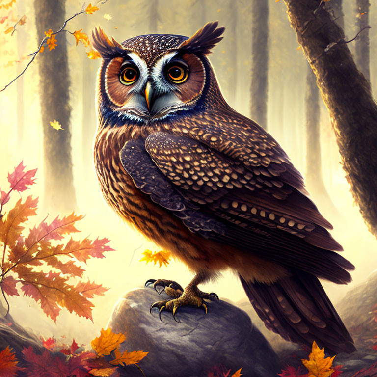 Illustrated owl on rock amidst autumn leaves in forest with hazy light.