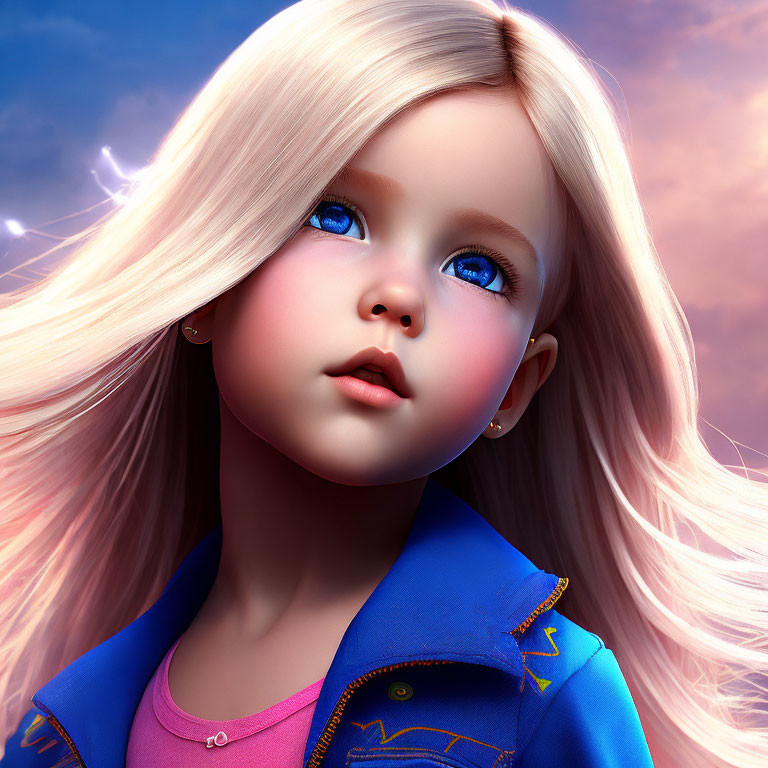 Digital portrait: Girl with blue eyes, blonde hair, blue jacket, under pink and blue sky