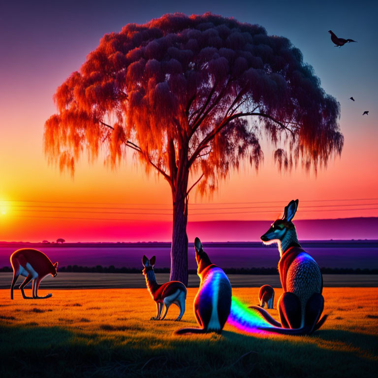 Colorful Sunset with Kangaroo Silhouettes and Birds in Flight