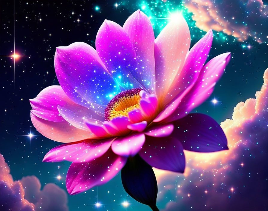 Vibrant digital artwork: Pink lotus flower on starry sky