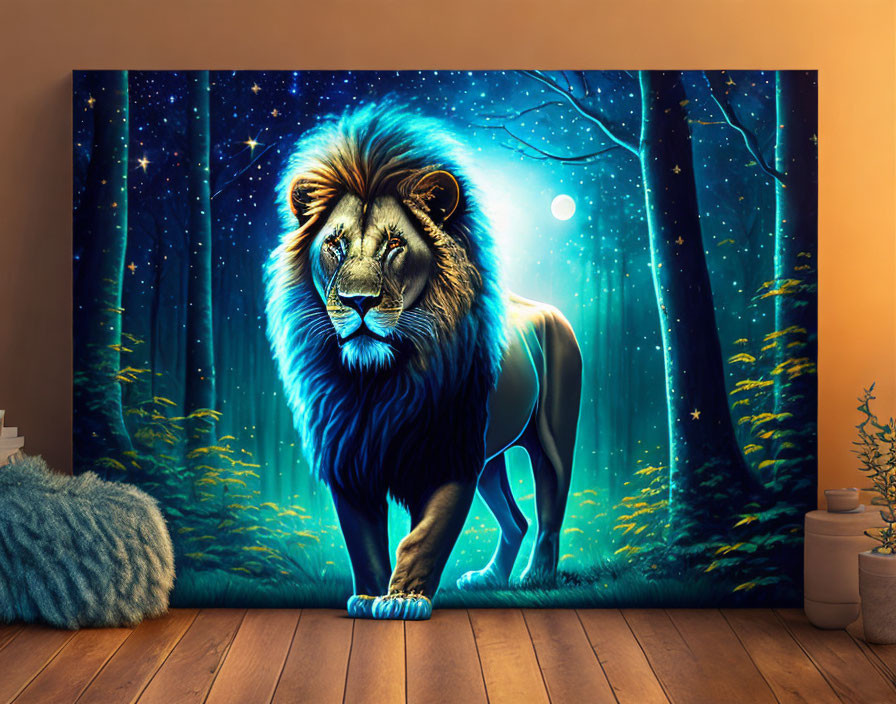 Blue lion in mystical forest wall art for cozy room.