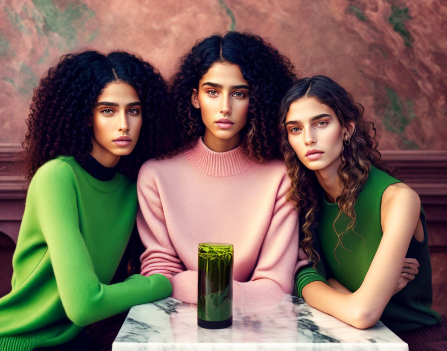 Three women in colorful sweaters with curly hair at table with green bottle on textured background