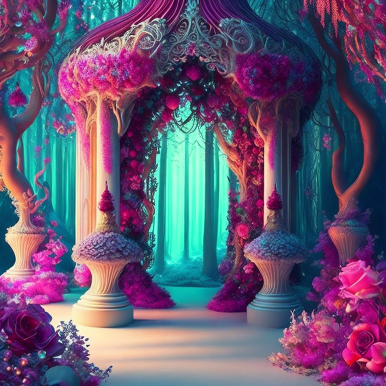 Vibrant pink and blue forest scene with whimsical gazebo and mushroom columns