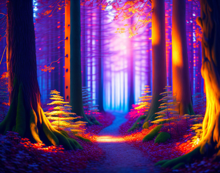 Enchanting forest pathway with blue and purple hues and glowing lights