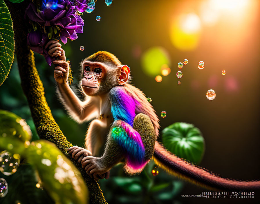 Colorful Rainbow Monkey Perched on Branch with Leaves and Bubbles