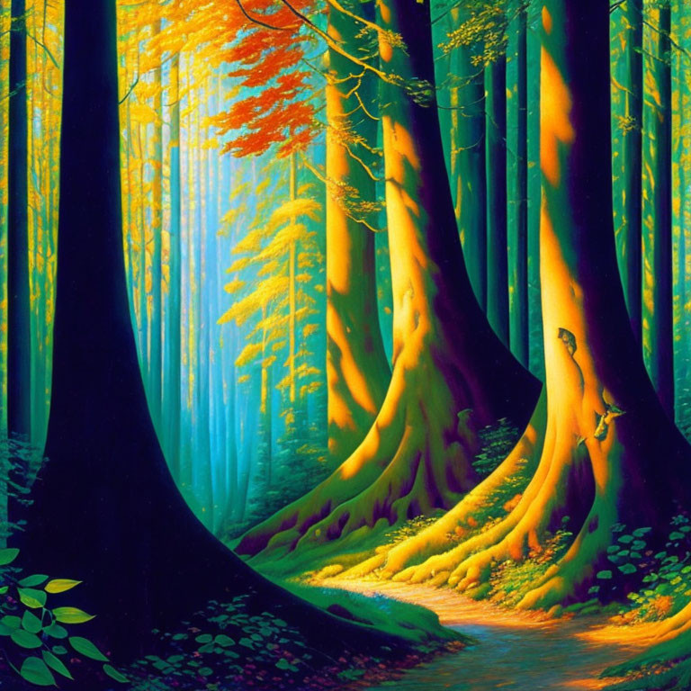 Surreal forest painting with vibrant blue and orange trees on a winding path