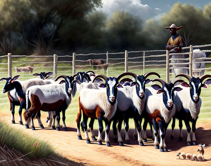 Shepherd watching over black and white goats in pastoral scene