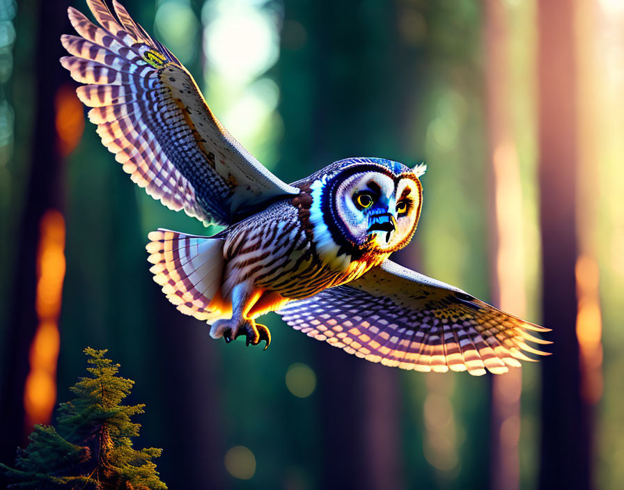 Colorful Owl in Flight Against Forest Backdrop