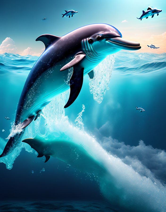 Colorful Dolphin Leaping Out of Ocean Illustration