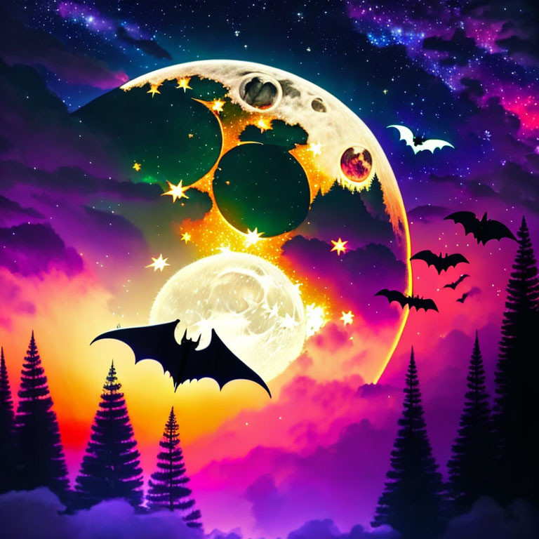 Fantasy sky with crescent & full moon, stars, bats, pine trees, purple-pink