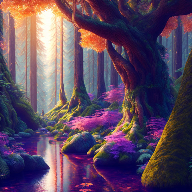 Vibrant purple and pink undergrowth in mystical forest