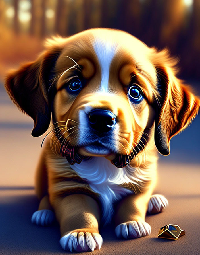 Brown and White Puppy with Big Eyes Sitting on Ground