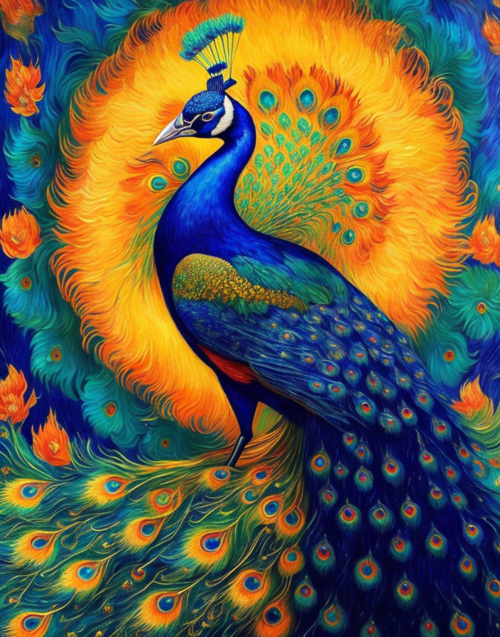 Colorful Peacock Illustration with Blue and Green Feathers