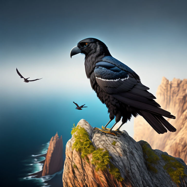 Majestic raven on cliff with soaring birds, ocean, clear sky