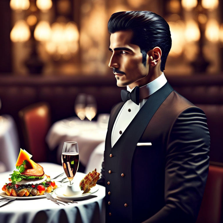 Animated man in tuxedo dining with wine and gourmet meal