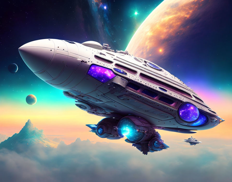 Futuristic spaceship with blue engines in colorful nebula