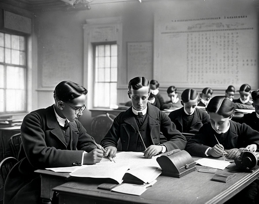 Vintage boys writing in classroom with timetable chart