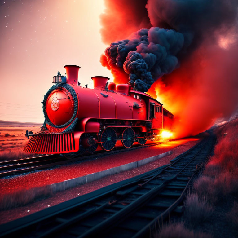 Vintage red train emits smoke on tracks under fiery sky at dusk