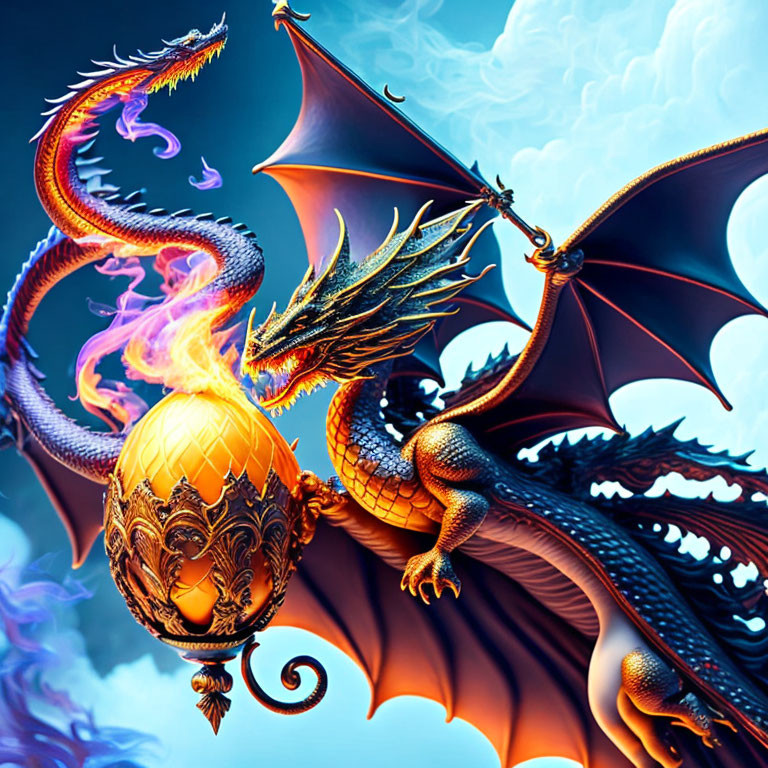 Golden dragon artwork with glowing egg on misty blue background