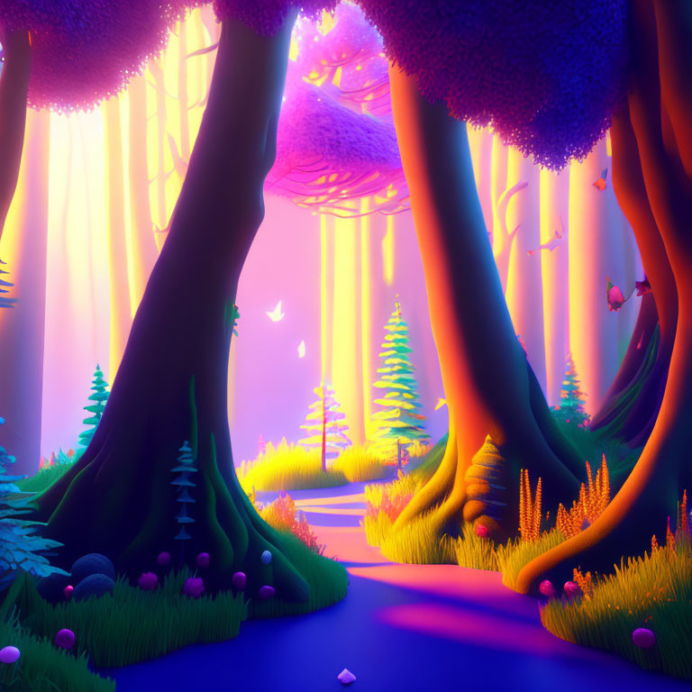 Luminescent forest with glowing pathway and fluttering butterflies