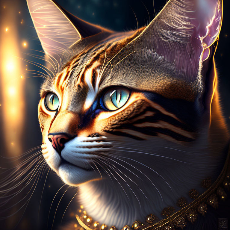 Majestic cat with striped fur and green eyes in digital painting