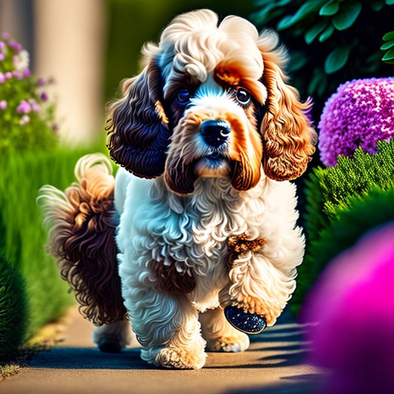 Fluffy brown and white spaniel on paved path with purple flowers