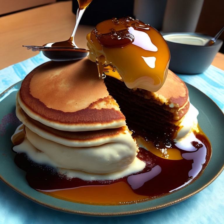 Pancakes with syrup on blue plate, wooden table setting