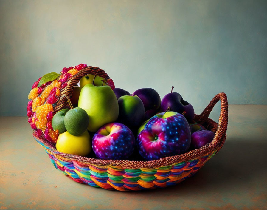 Colorful Fruit Basket with Apples and Citrus on Table