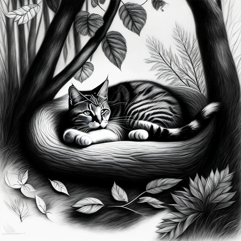 Monochrome tabby cat resting on tree branch with leaves