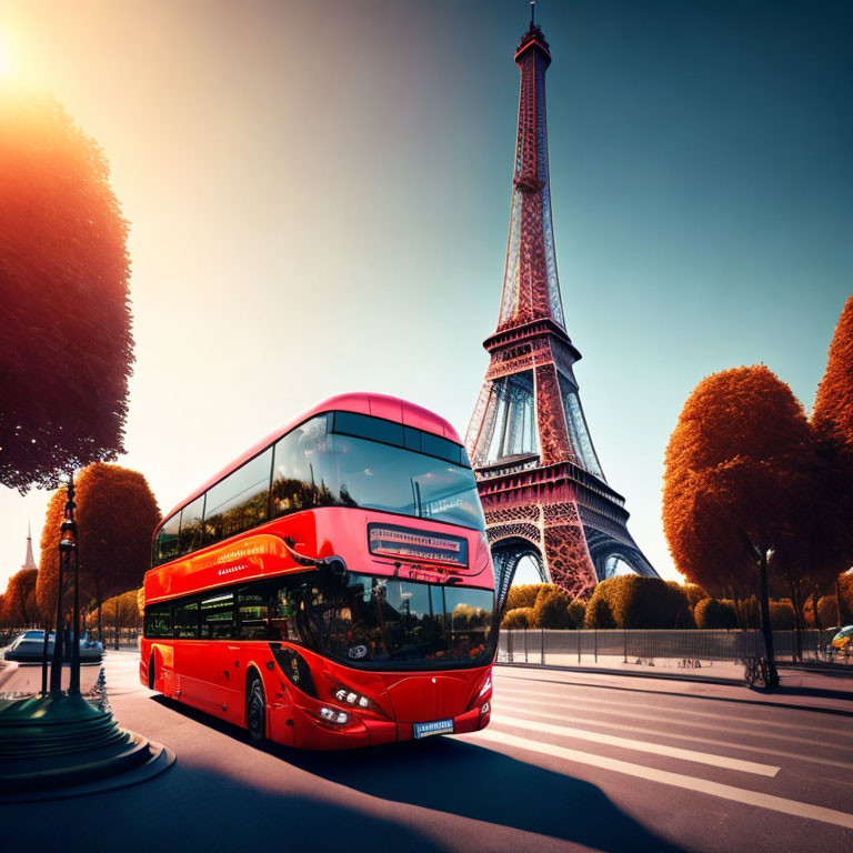 Red Double-Decker Bus near Eiffel Tower on Sunny Day